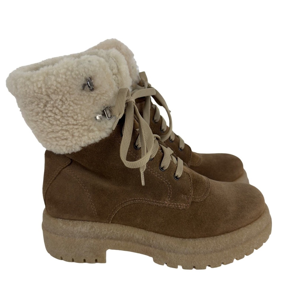 La Canadienne Brown Suede Faux Fur Combat Boots 5.5 Made Canada - Picture 3 of 13